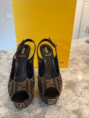 Fendi Brown FF Logo Peep-Toe Slingback Platform Heels with Gold Accent